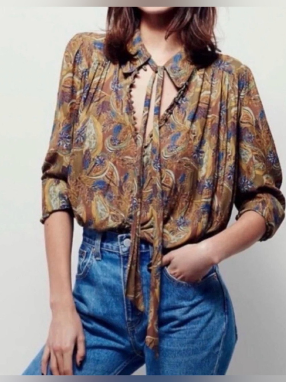 Free People Paisley Tie-Neck Blouse in Brown and Blue